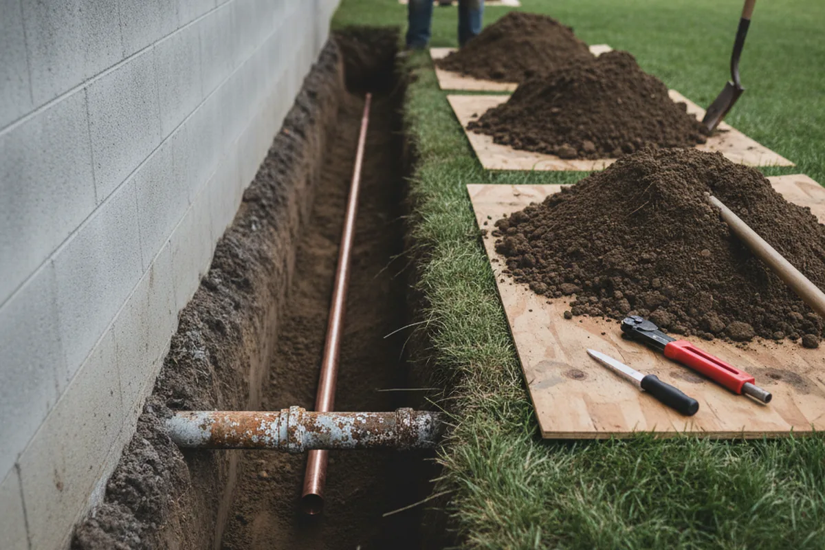 Excavated water line trench during Water Softener Installation in Fife